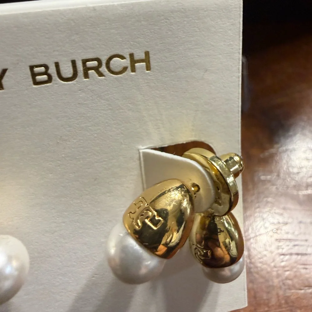 RARE Tory Burch Double Pearl Signature Logo Front and Back Brass Earrings